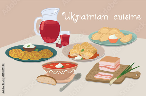 Still life with dishes of Ukrainian cuisine on the table. Cute flat illustration of tasty traditional food