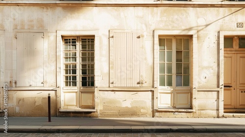 Elegant Parisian architecture, minimalist design, facing a wall with windows and doors, warm sunlight, peaceful urban setting, no people visible.