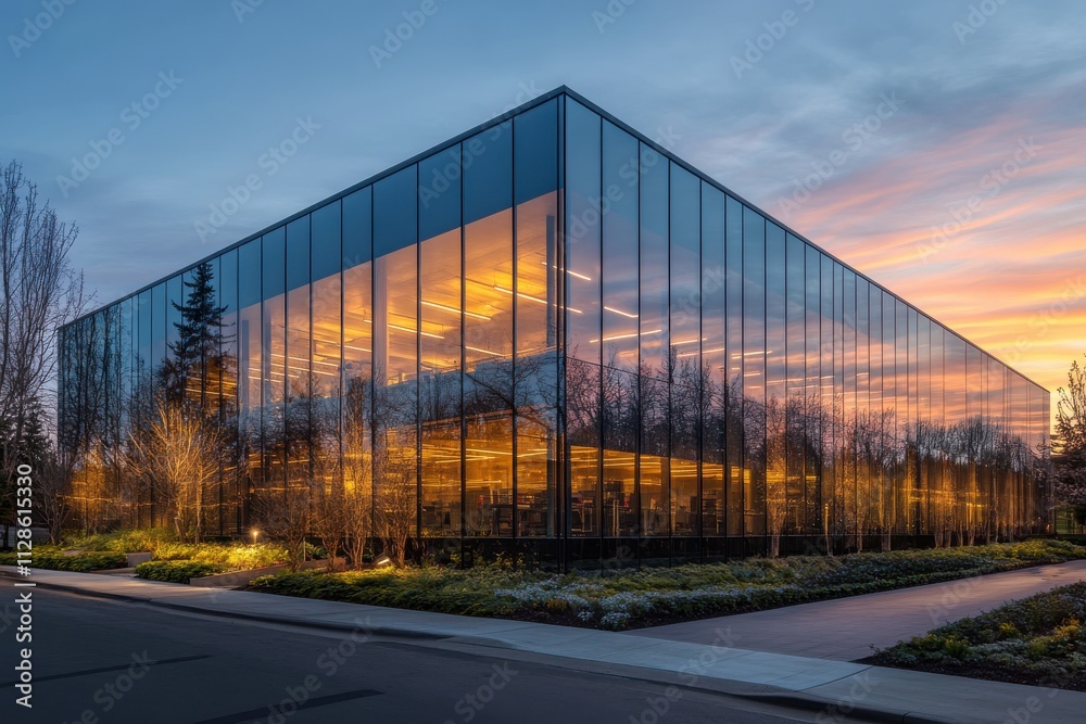 Fototapeta premium A modern glass office building with reflective windows illuminated by warm interior lighting