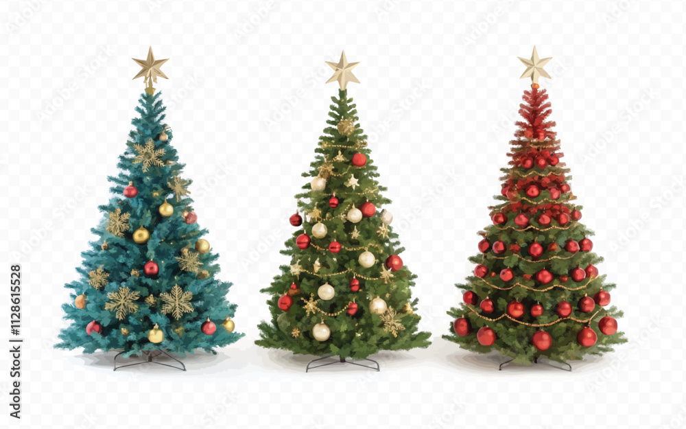 abstract 3d different style Christmas tree with beautiful ornaments isolated on white background abstract 3d different style Christmas tree with beautiful ornaments isolated on white background