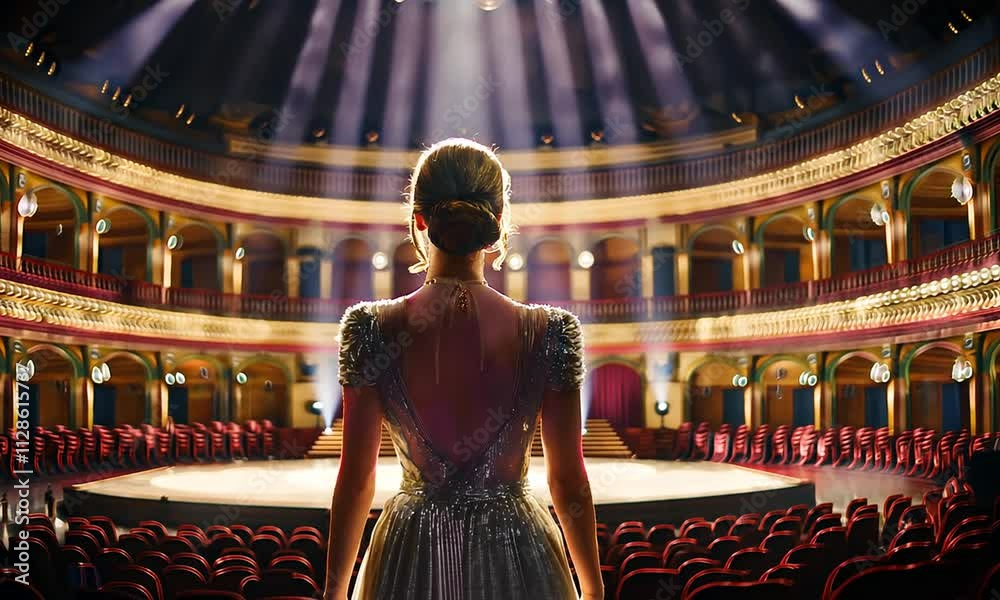 Woman in an evening dress at the opera house. Elegant woman at the Bolshoi Theatre on stage.
