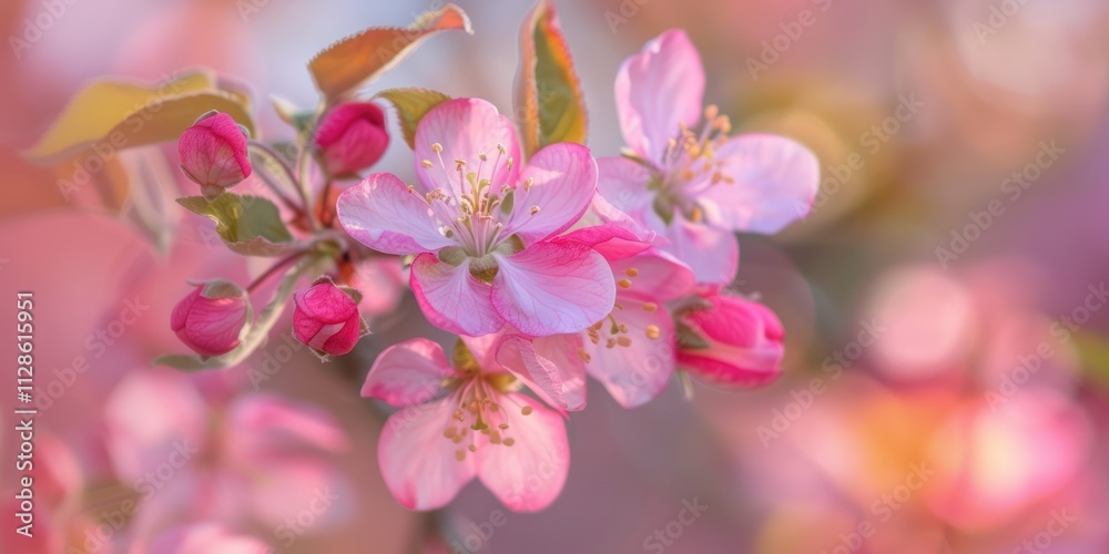 Crab apple Blossom flower bouquet stem leaves springtime season close up soft light bokeh background Crab apple Blossom flower bouquet stem leaves springtime season close up soft light bokeh background