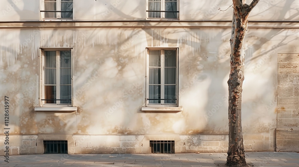 Elegant Parisian architecture, minimalist design, facing a wall with windows and doors, sunny afternoon, serene urban scene, no people present.