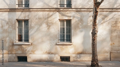 Obraz na płótnie Elegant Parisian architecture, minimalist design, facing a wall with windows and doors, sunny afternoon, serene urban scene, no people present. w salonie