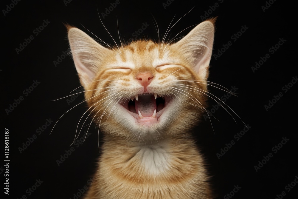Happy orange cat smiling brightly against a dark background in a playful moment Happy orange cat smiling brightly against a dark background in a playful moment