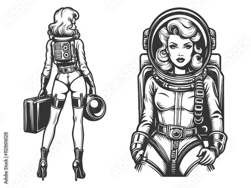 female astronaut in a space suit, holding a suitcase and helmet with pin-up style sketch engraving generative ai fictional character vector illustration. Scratch board imitation. Black and white image