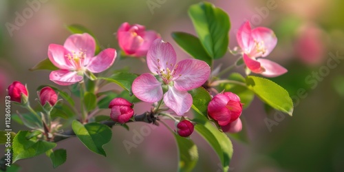 pink crab apple Blossom flower bouquet stem leaves springtime season close up nature background