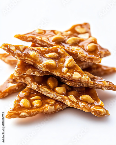 A close-up of delicious peanut brittle broken into pieces, showcasing its crunchy texture and golden color.