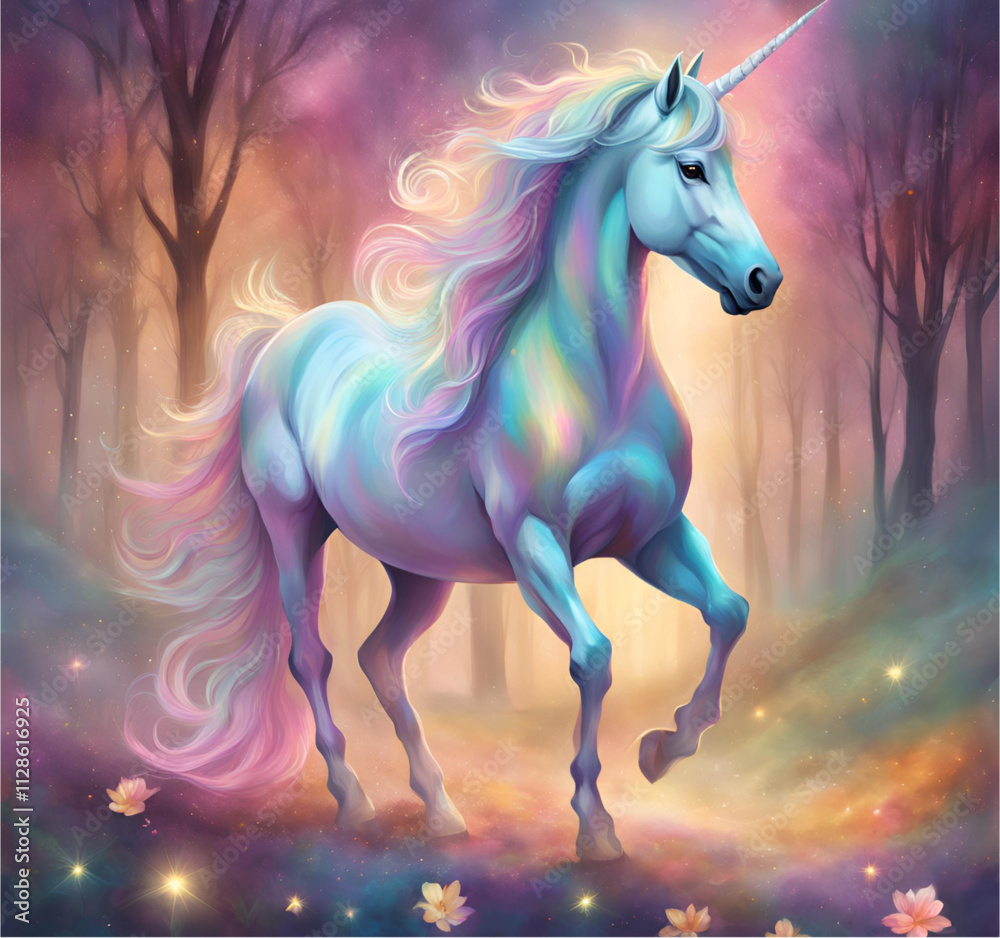 Fototapeta premium A golden unicorn stands majestically on the edge of a cliff overlooking a glowing sunset. Its coat glows warmly, matching the golden hues of the horizon. The wind carries its flowing mane as the waves