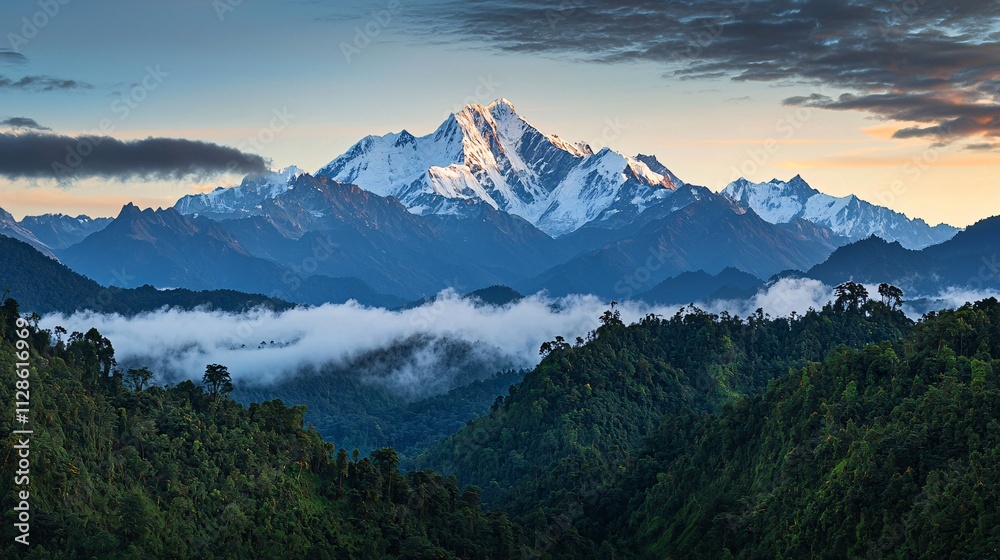 A breathtaking mountain range rises above lush forests and clouds, illuminated by a soft sunrise. A breathtaking mountain range rises above lush forests and clouds, illuminated by a soft sunrise.