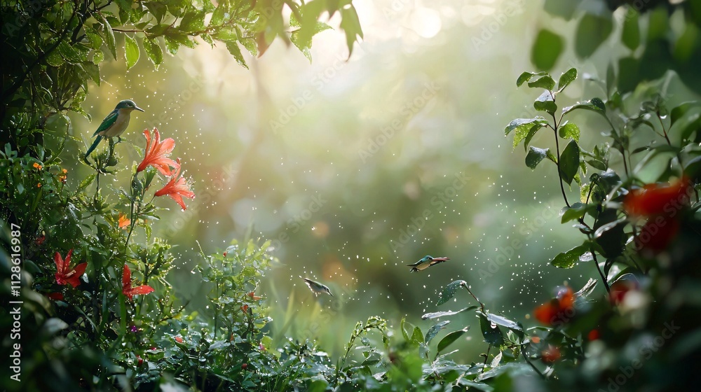 A serene, misty forest scene featuring lush greenery and vibrant flowers, with a bird perched nearby, evoking tranquility and natural beauty. A serene, misty forest scene featuring lush greenery and vibrant flowers, with a bird perched nearby, evoking tranquility and natural beauty.