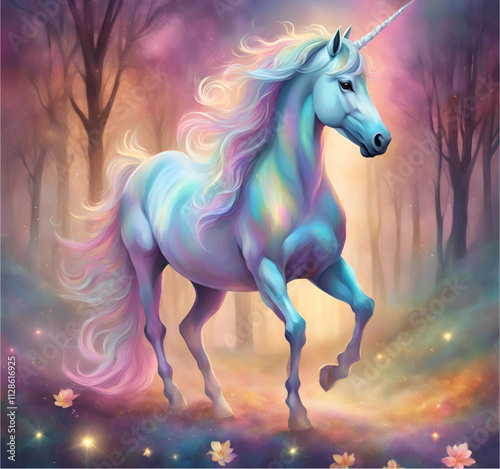 A golden unicorn stands majestically on the edge of a cliff overlooking a glowing sunset. Its coat glows warmly, matching the golden hues of the horizon. The wind carries its flowing mane as the waves