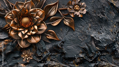 Bronze metallic flowers on dark textured background.