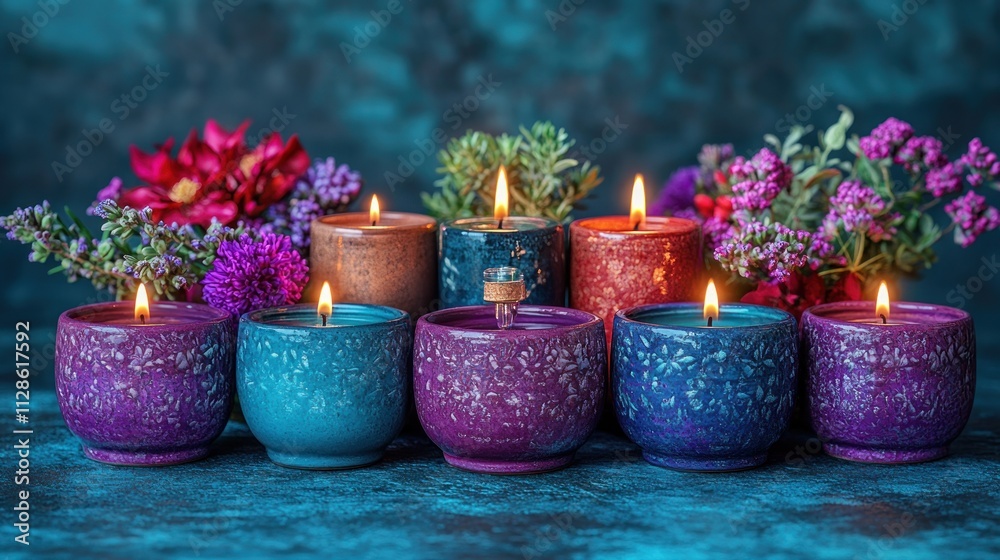 Colorful candles and flowers on teal background.