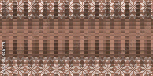 Christmas horizontal Mocha Mousse background featuring a classic winter sweater design. Includes a Nordic knitted pattern with snowflakes. Vector illustration.