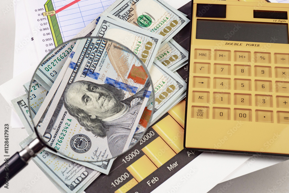 calculator, dollars and magnifying glass on the white background calculator, dollars and magnifying glass on the white background