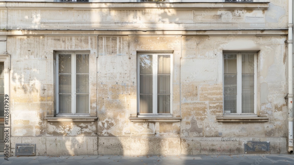 Elegant Parisian architecture, minimalist design, facing a wall with windows and doors, warm sunlight, serene urban setting, no people visible. Elegant Parisian architecture, minimalist design, facing a wall with windows and doors, warm sunlight, serene urban setting, no people visible.