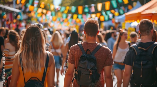 A man walks through a crowded street market with a backpack.