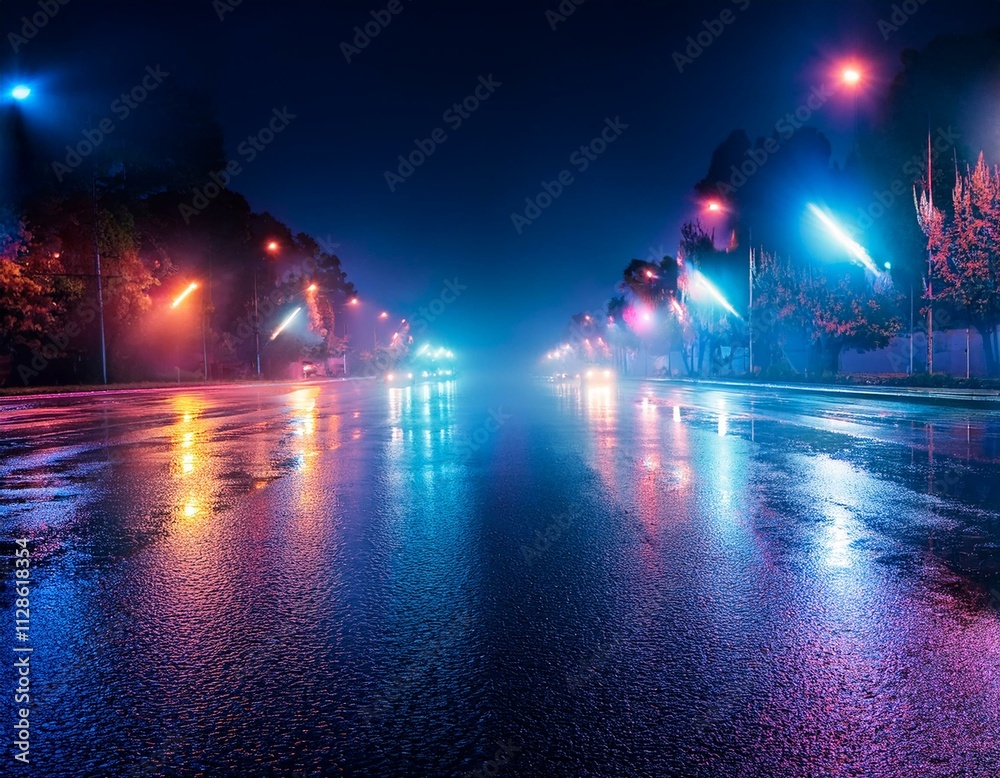 Rainy night in the city. Headlights approaching cars. Reflections of street lamps on the wet asphalt. Rainy night in the city. Headlights approaching cars. Reflections of street lamps on the wet asphalt.