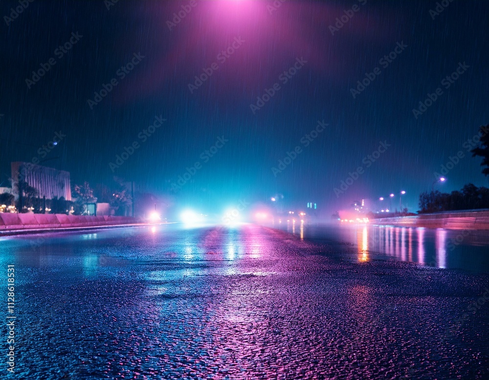 Rainy night in the city. Headlights approaching cars. Reflections of street lamps on the wet asphalt. Rainy night in the city. Headlights approaching cars. Reflections of street lamps on the wet asphalt.