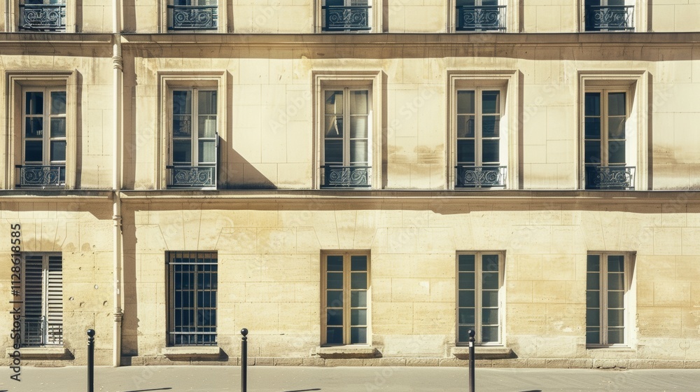 Elegant Parisian architecture, minimalist facade, full wall with windows and doors, sunny afternoon, tranquil atmosphere, no people visible. Elegant Parisian architecture, minimalist facade, full wall with windows and doors, sunny afternoon, tranquil atmosphere, no people visible.