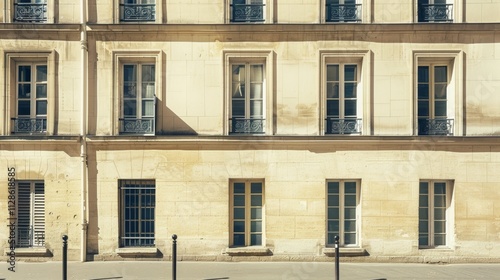 Obraz na płótnie Elegant Parisian architecture, minimalist facade, full wall with windows and doors, sunny afternoon, tranquil atmosphere, no people visible. w salonie