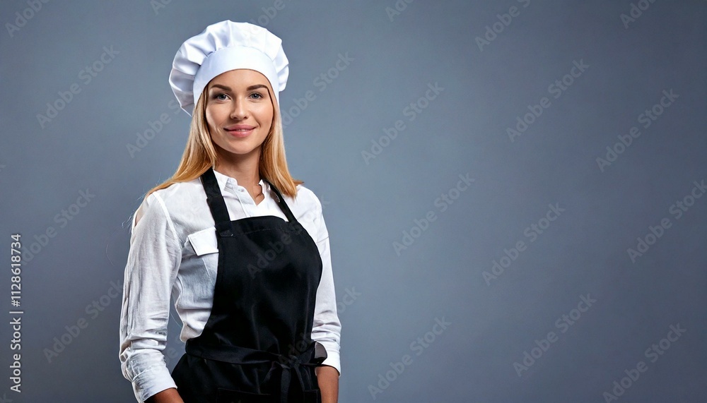 Blonde caucasian smiling woman baker in uniform.space for text