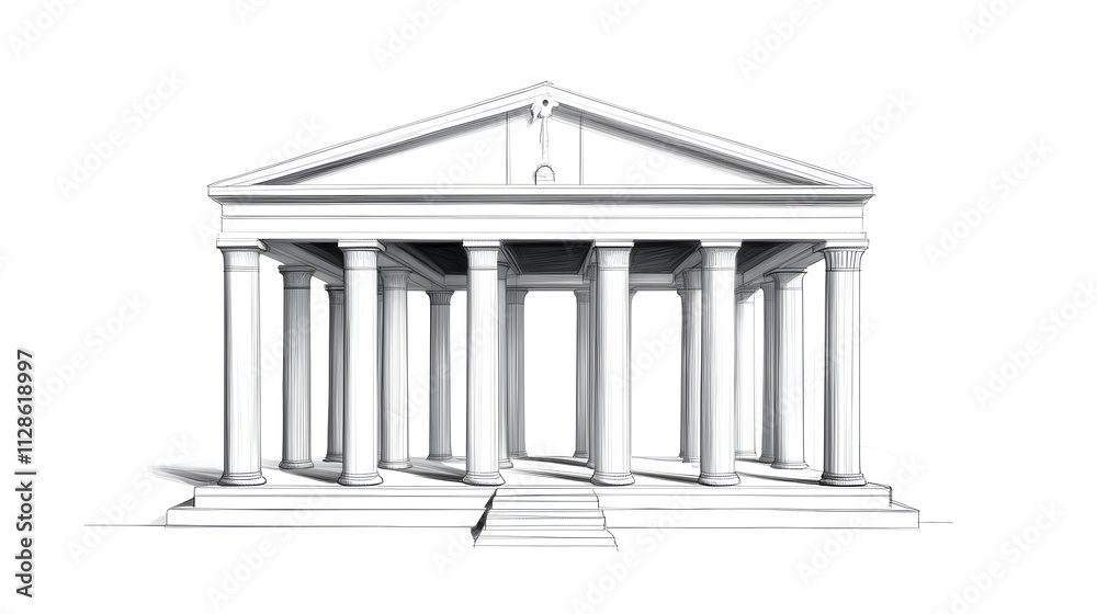 Obraz premium An abstract line-drawing of an ancient temple with columns and arches, representing classical culture. Ancient temple design.