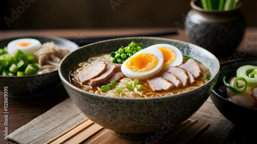 Cozy miso ramen: tender pork, soft-boiled egg, green onions, and steamy broth in an intimate setting.