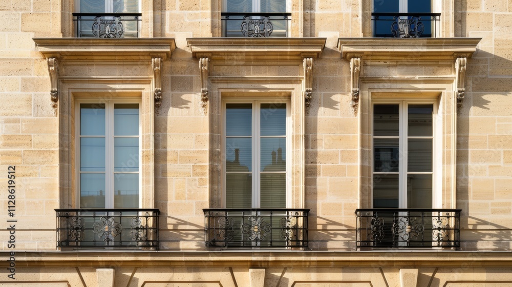 Elegant Parisian architecture, modern minimalist building, full wall with windows and doors, sunny afternoon light, serene atmosphere, no people visible.