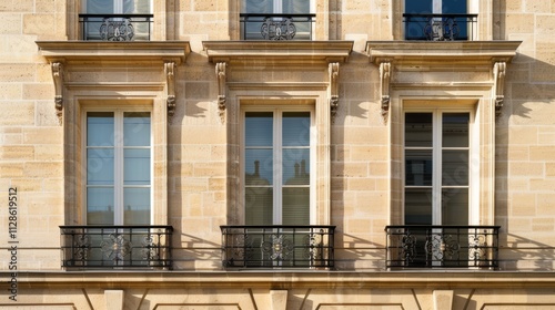 Obraz na płótnie Elegant Parisian architecture, modern minimalist building, full wall with windows and doors, sunny afternoon light, serene atmosphere, no people visible. w salonie