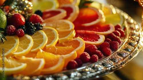 A Luxurious Arrangement of Freshly Sliced Citrus Fruits and Berries on an Elegant Silver Platter, A Vibrant and Delicious Display of Nature's Bounty, Perfect for a Festive Gathering or Special Occasi photo