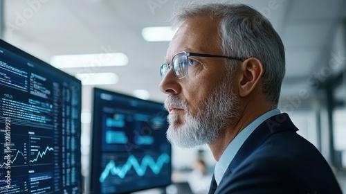 Senior Businessman Analyzing Data on Monitors