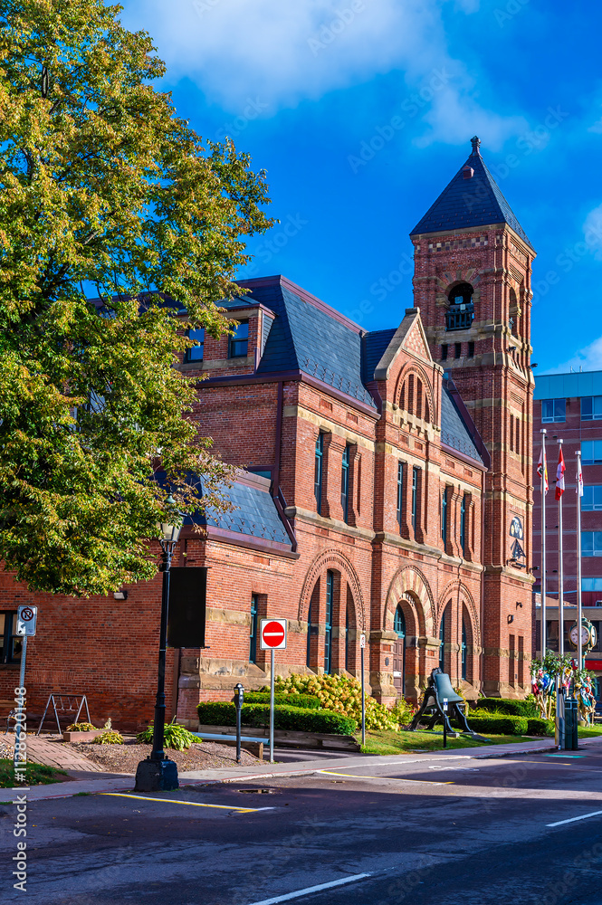 Fototapeta premium A view along the side of the town hall in the centre of Charlottetown, Prince Edward Island, Canada in the fall