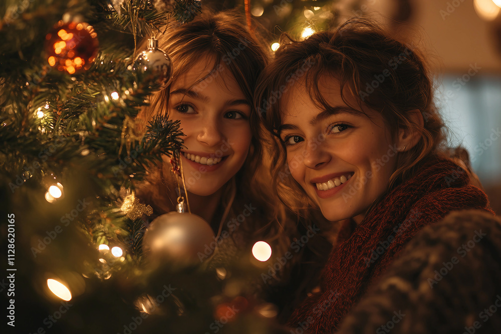 Generative AI Image of a Happy Family Decorating a Christmas Evergreen Tree Together Generative AI Image of a Happy Family Decorating a Christmas Evergreen Tree Together