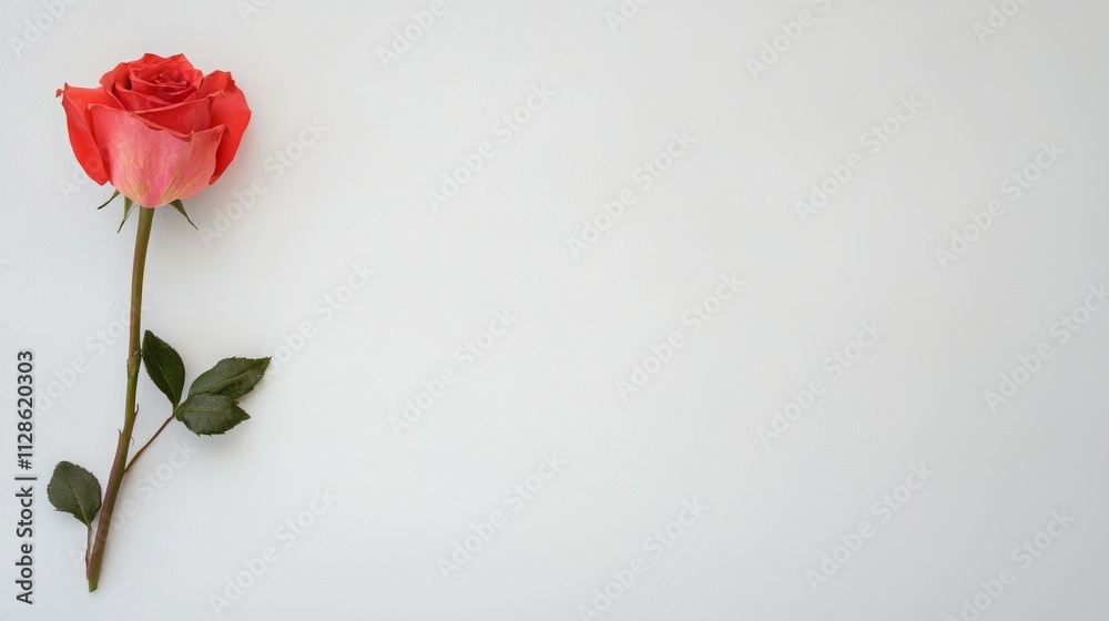 A single coral rose with green leaves against a plain white background. A single coral rose with green leaves against a plain white background.