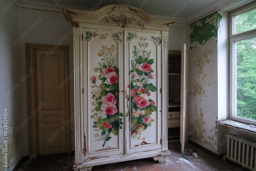 Fototapeta premium A vintage wardrobe with peeling white paint and floral motifs painted on the doors
