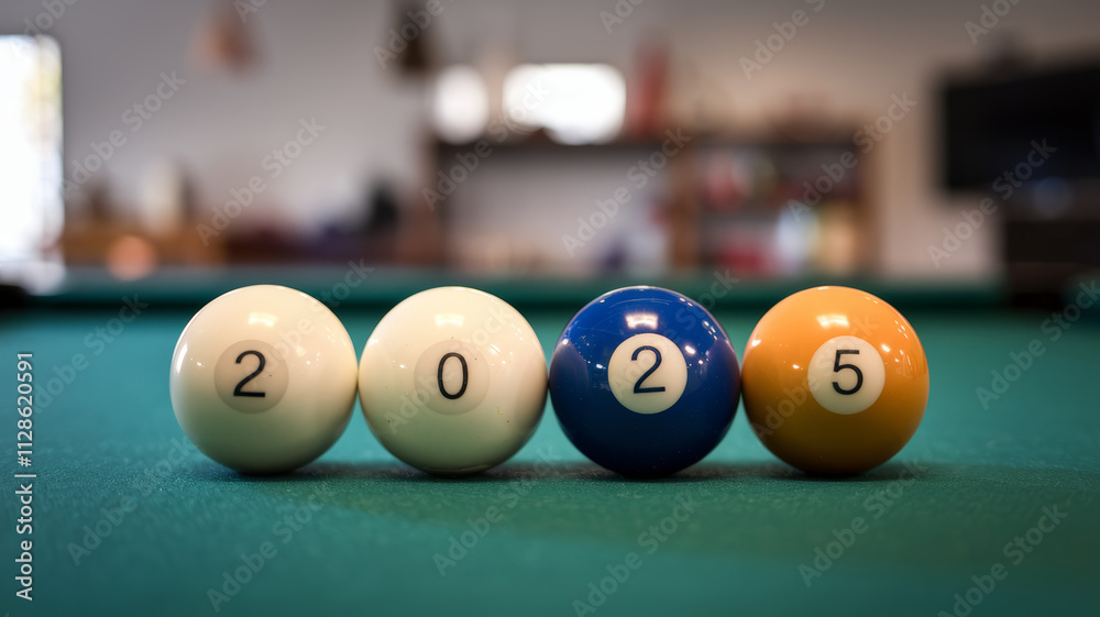 four colorful billiard balls with numbers 2025 neatly aligned on a vibrant green table cloth, symbolizing a new year concept four colorful billiard balls with numbers 2025 neatly aligned on a vibrant green table cloth, symbolizing a new year concept