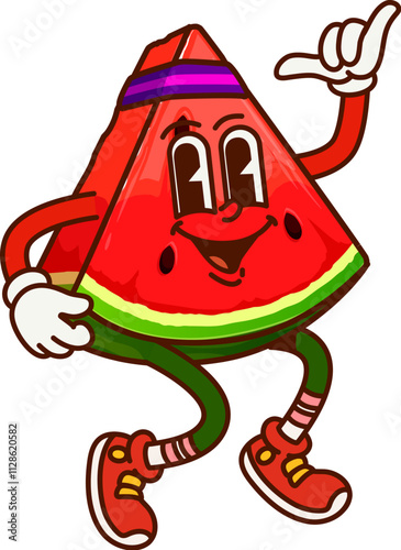 Groovy cartoon watermelon slice funny character on fitness. Fresh and juicy watermelon happy vector personage, delicious fruit funny groovy mascot or summer dessert cheerful character wearing headband