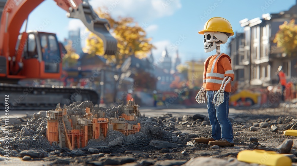 Skeleton Construction Worker Standing Amidst Building Foundations and Heavy Machinery Skeleton Construction Worker Standing Amidst Building Foundations and Heavy Machinery