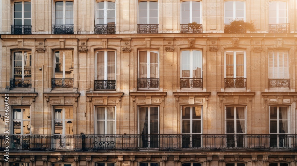 Elegant Parisian architecture, modern minimalist building, facing a wall with windows and doors, sunny afternoon, peaceful atmosphere, no people present.