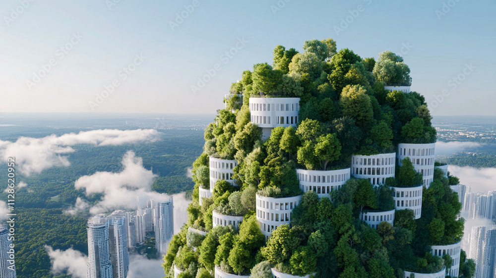 Fototapeta premium A futuristic eco-business district with net-zero buildings, public spaces covered in greenery.