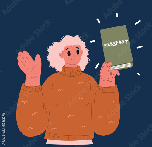 Cartoon vector illustration of the concept of a woman holding a passport in her hands, symbolizing travel and adventure over dark background