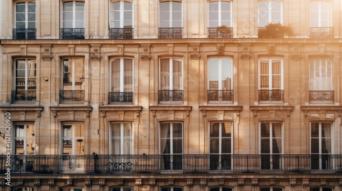 Obraz na płótnie Elegant Parisian architecture, modern minimalist building, facing a wall with windows and doors, sunny afternoon, peaceful atmosphere, no people present. w salonie