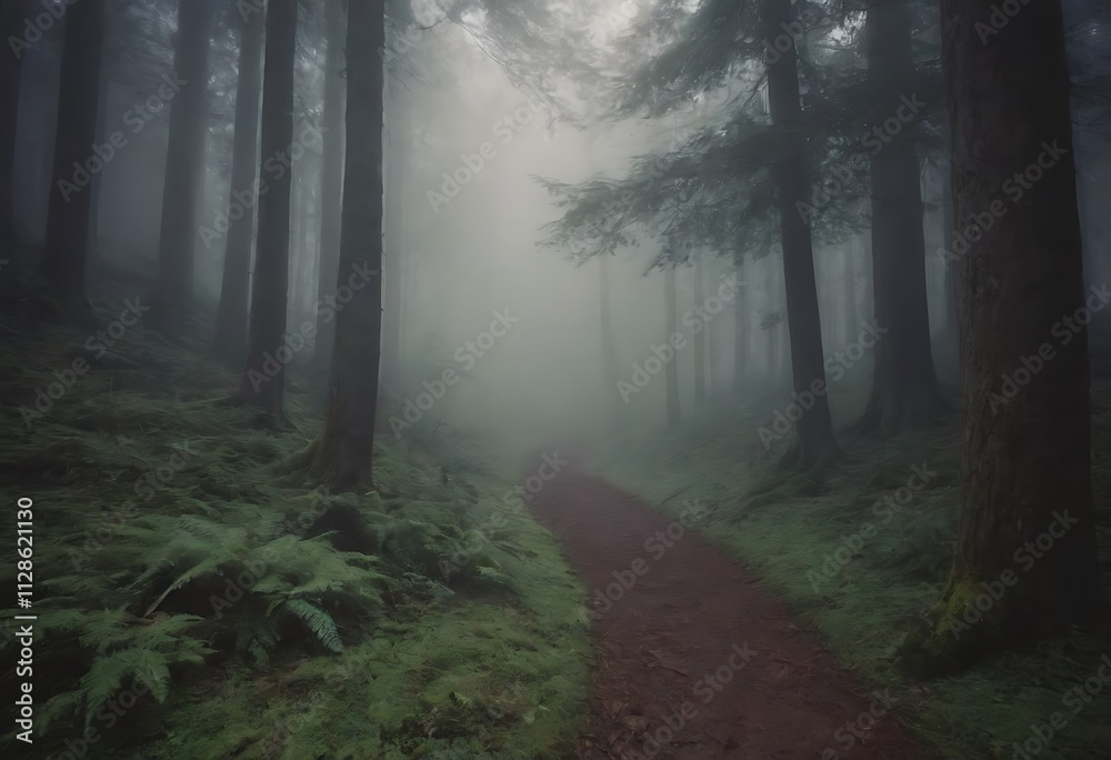 A mysterious forest path shrouded in mist, with tall trees lining the way and ferns covering the ground. A mysterious forest path shrouded in mist, with tall trees lining the way and ferns covering the ground.