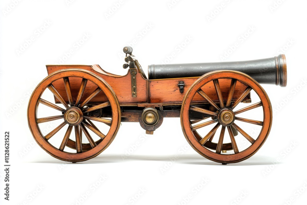 Fototapeta premium Antique cannon on wooden wheels isolated on white background