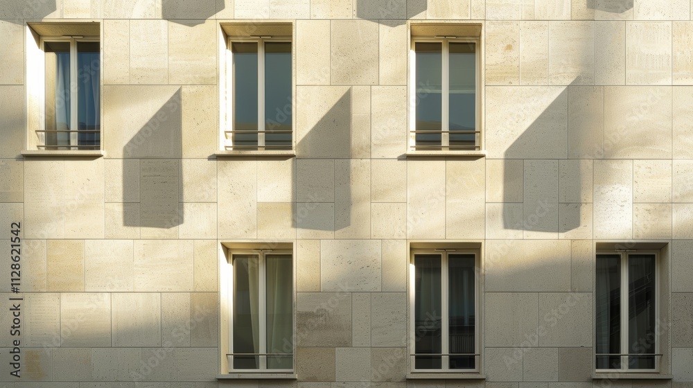 Elegant Parisian architecture, modern minimalist building, full wall with windows and doors, sunny afternoon, serene urban scene, no people present.