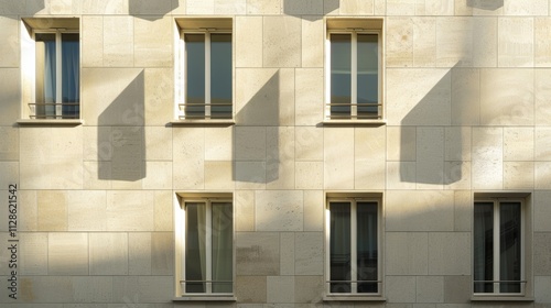 Obraz na płótnie Elegant Parisian architecture, modern minimalist building, full wall with windows and doors, sunny afternoon, serene urban scene, no people present. w salonie