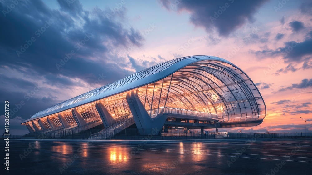 Modern architectural structure with a futuristic design illuminated at sunset.