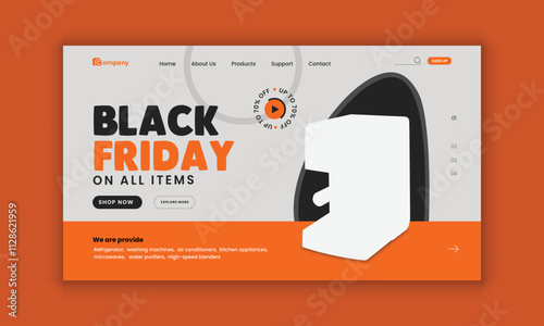 Exclusive Super Sale landing page Design Template, Black Friday home appliance accessories website horizontal banner design template
